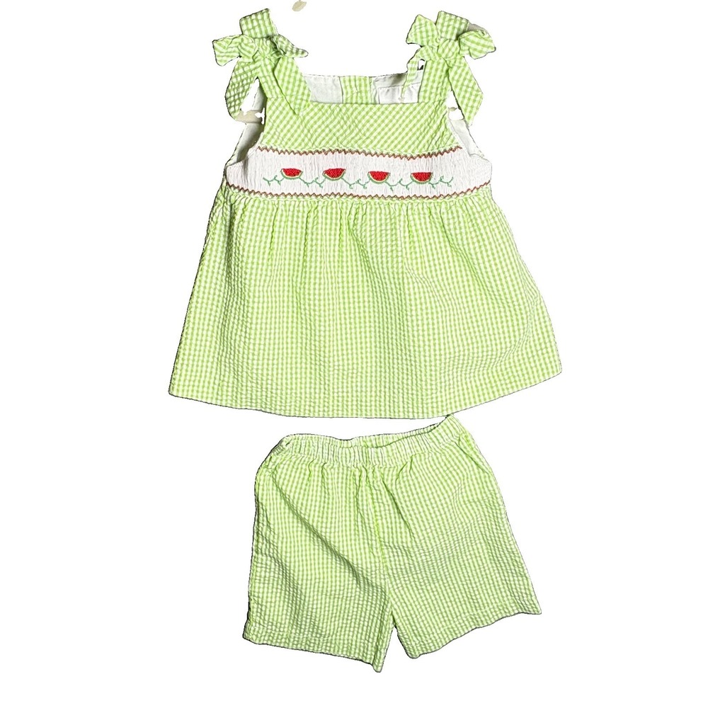 Girls Top Smocked Watermelons W Shorts Sz 4T Rare Editions Green Gingham